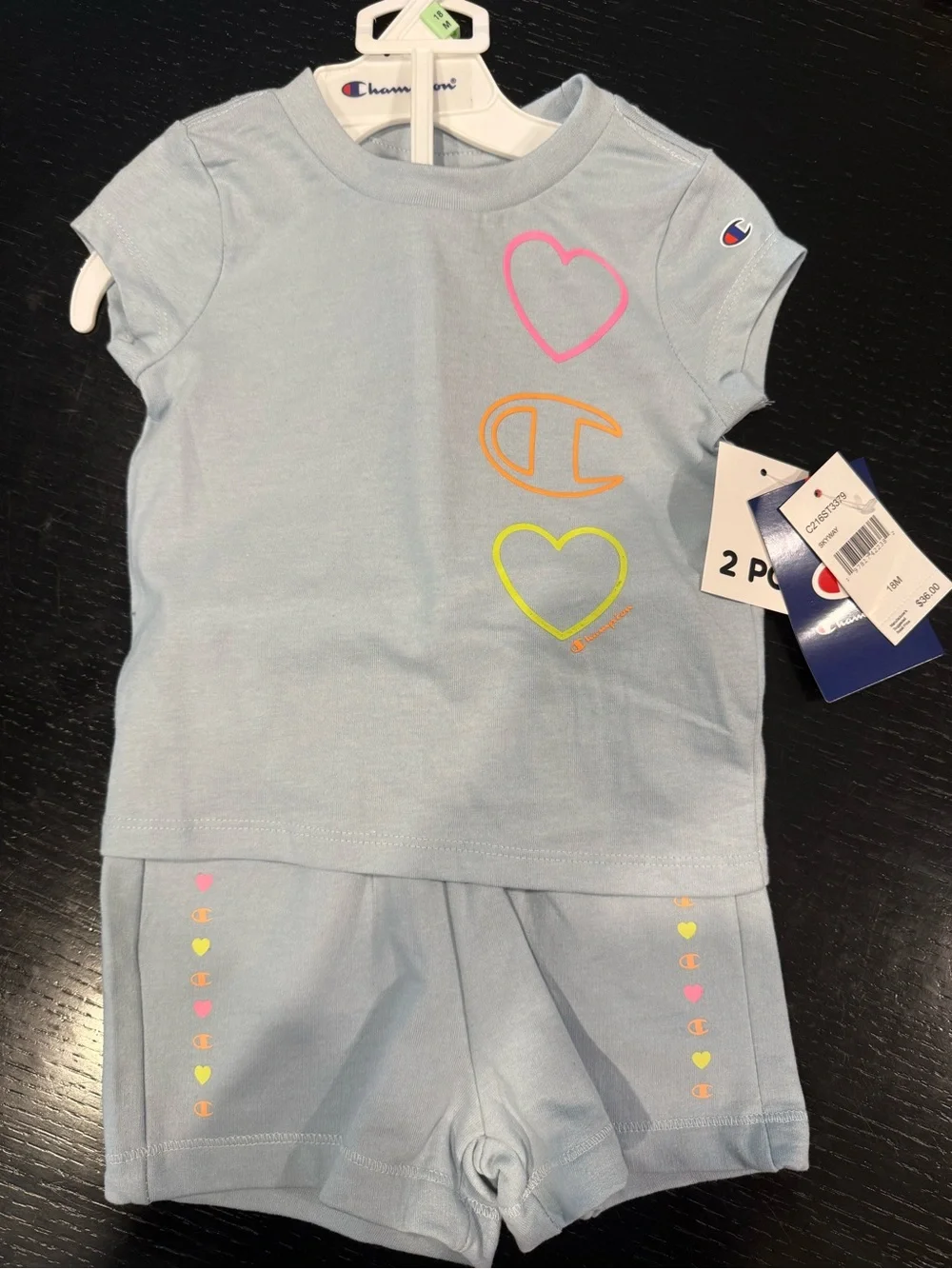 Champion Light Blue Girls Tee & Shorts Set with Neon Hearts